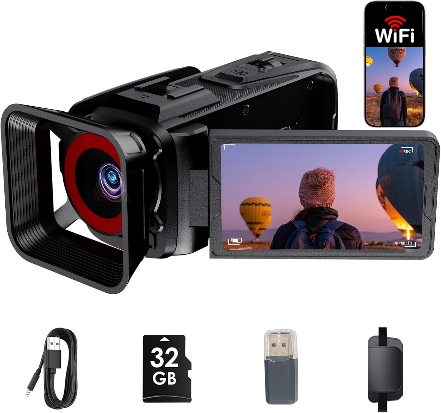 4K Video Camera Camcorder, 64MP with 3” 270° Flip Screen